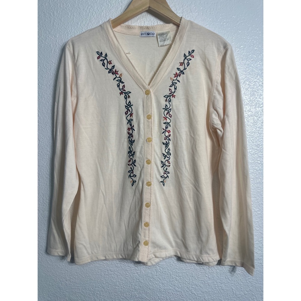 White Stag Womens Cream Floral Embroidered Button Front Cardigan Top Medium NWT
